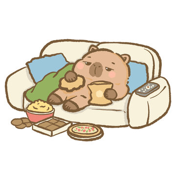 Kawaii Lazy Capybara On Couch Clipart Cute Relaxing Snack Time Capybara Cozy Home Illustration Comfort Food Aesthetic