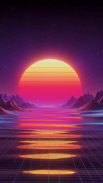 Retro Futuristic Sunset Landscape Animation.