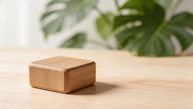 Wooden block on table with plant