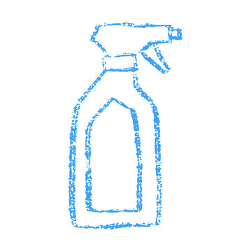 spray bottle crayon wax doodle style, rough textured hand drawn, cleaning agent liquid atomizer trigger spray plastic container blue outline household art draw