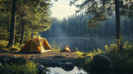 Naklejka premium Peaceful camping scene with yellow tent pitched near calm lake surrounded by dense forest and small campfire glowing warmly in early morning light