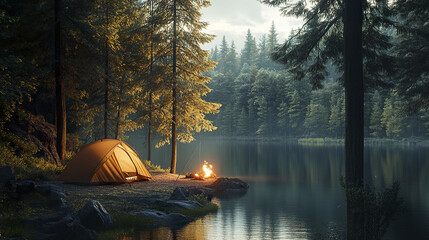 Naklejka premium Peaceful camping scene with orange tent pitched near calm lake surrounded by tall pine trees and small campfire glowing warmly in early morning mist