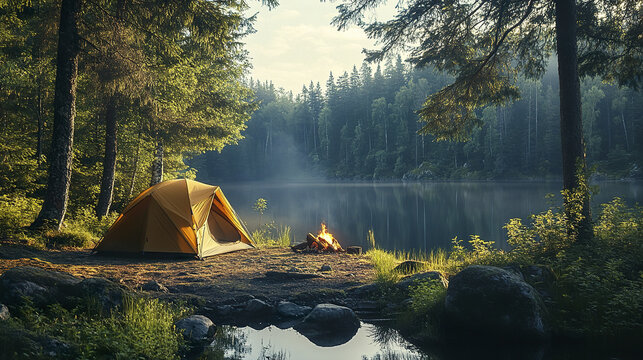 Peaceful camping scene with yellow tent pitched near calm lake surrounded by dense forest and small campfire glowing warmly in early morning light