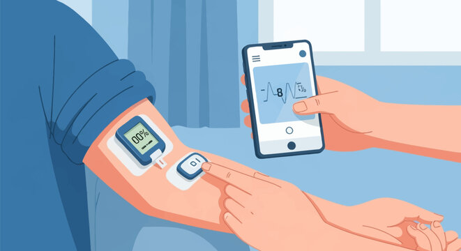 Vector illustration of a patient's arm with a continuous glucose monitor and insulin pump patch, synchronizing data to a medical smartphone application for diabetes management.