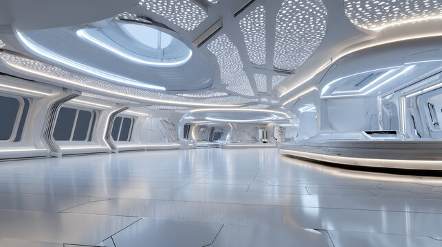 3d rendering of empty space inside futuristic showroom, spaceship, hall or studio in perspective. Include ceiling, hidden light, tile floor and counter. Modern background design of future, technology.