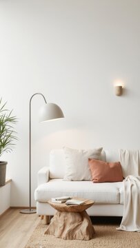 Scandinavian style living room with white couch, wooden floor, plants, and a cozy atmosphere.