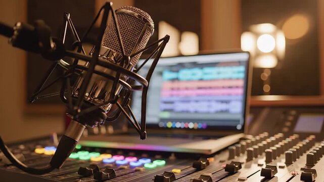 Studio microphone and audio equipment emphasizing advanced technology and cybersecurity