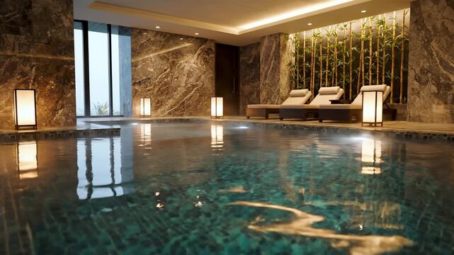 Luxurious indoor swimming pool area with modern lounge chairs and ambient lighting, creating a serene spa atmosphere for relaxation and wellness