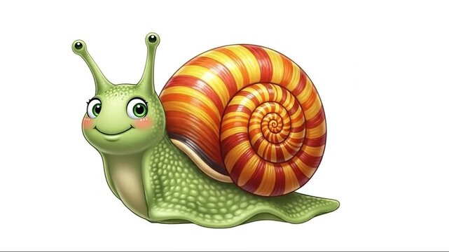 A cute cartoon snail character with a brown spiral shell and a happy smile crawls through a garden with a flower in this funny vector illustration isolated on a white background