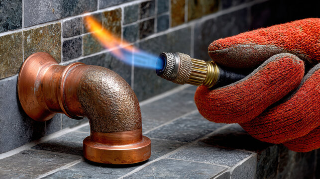 Plumber using torch flame to braze copper pipe with gloved hand for plumbing repair and pipe installation maintenance scene