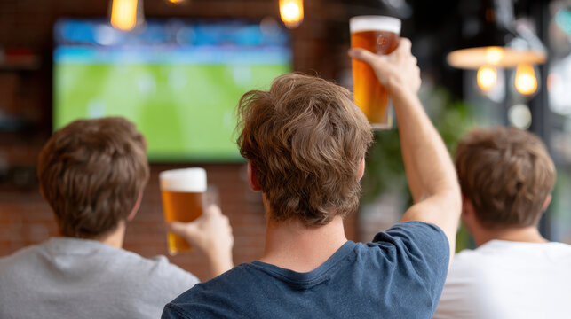 Group of friends cheering at a sports bar watching football with raised pints for celebration banner and event background