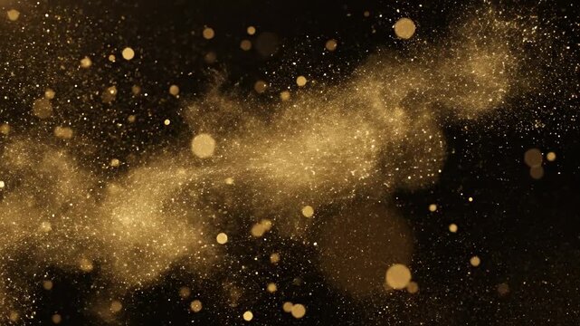 Golden glitter particles exploding and swirling on black background, abstract festive background, bokeh lights