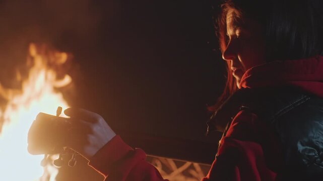 Person playing guitar near blazing campfire, sparks and embers rise into night, confident leader vibe, acoustic chords and joyful expression, warm communal atmosphere, camp counselor energy guiding