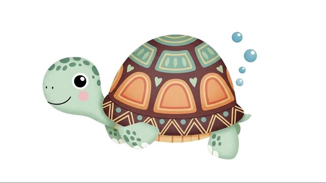 A cute turtle with a shell slowly walking on a white background in a simple cartoon style