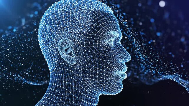 Digital human head wireframe representing smart infrastructure and connectivity