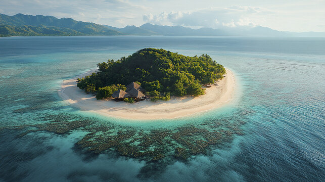 Serene paradise island surrounded by transparent ocean waters with lush green trees and white sandy beach under cloudy sky, creating peaceful tropical retreat
