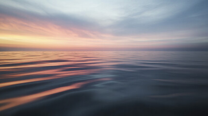 Fototapeta premium Serene seascape at sunset with calm water reflecting soft pink and blue hues, creating peaceful and tranquil atmosphere over vast ocean horizon
