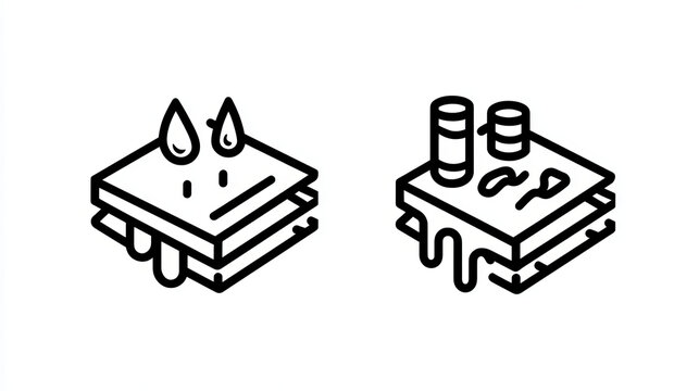 Waterproof icon and water leak icon. Roof deck and rooftop damaged result in rain water leak problem and repair by primer paint then coating with bituminous waterproof membrane. Vector line icon.