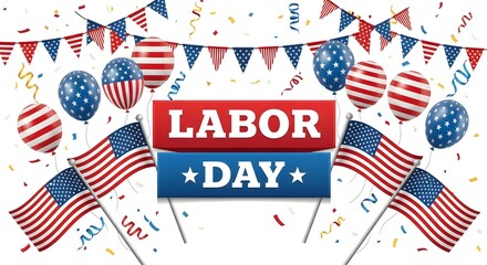Obraz premium Labor day celebration background with american flags, balloons, and bunting banners isolated on white background
