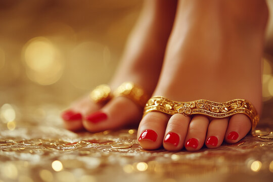 Golden jewelry on women feet close up background. Beauty and fashion.