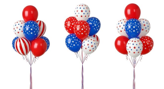 Three sets of patriotic american flag balloons isolated on white background