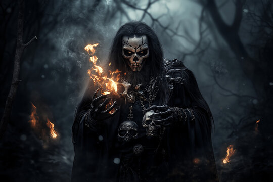 A creepy undead old man mage with an ancient staff in a mystical foggy forest background