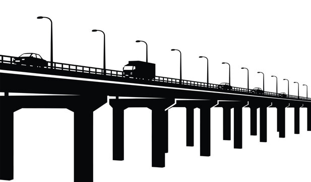 Black silhouette of a long bridge with vehicles and streetlights against a white background high quality professional detailed modern elegant stylish clean crisp vibrant