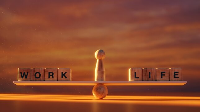 Balancing work and life, a visual representation on a scale with wooden blocks spelling out 'WORK' and 'LIFE', symbolizing equilibrium and harmony in personal and professional spheres of existence