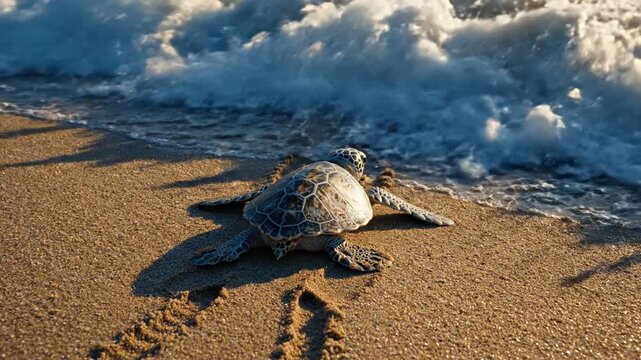 Small sea turtle resting on sunlit sandy beach near the gentle ocean waves.