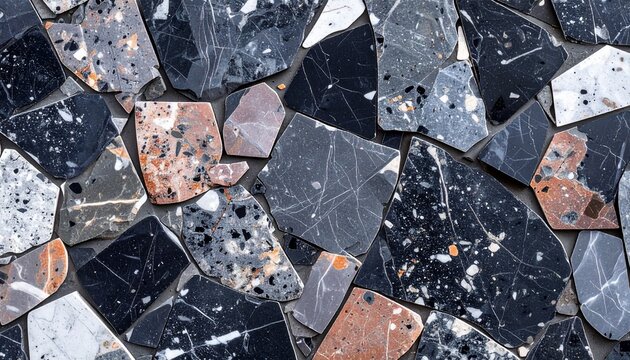 Dark grey mosaic terrazzo stone background, seamless quartz texture surface.
