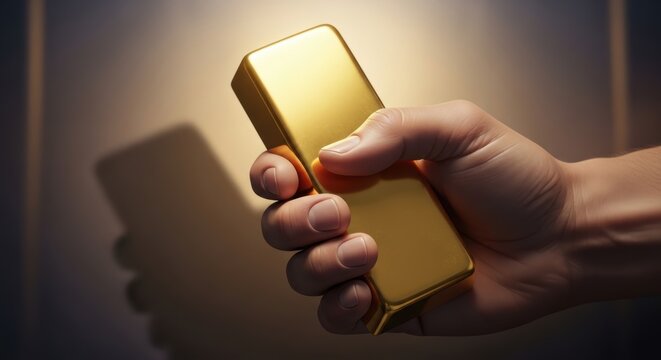 Human hand holding a gold bar representing tangible investment and financial security concept.