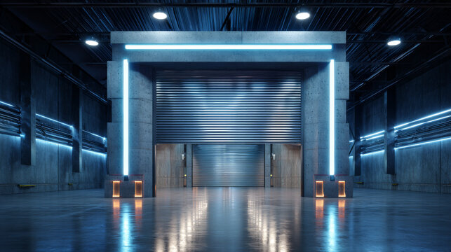 Factory or warehouse or industrial building. Protection with roller door or roller shutter. Modern interior design with concrete floor, steel wall and empty space for industry background. 3d render.