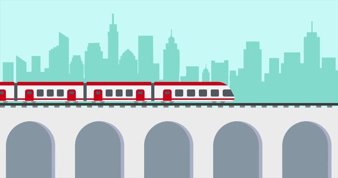 Animation train moving with modern city scene unique