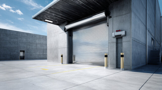 Industrial or commercial building exterior. Use as factory, warehouse, store and workplace. Safety and protection with roller door, roller shutter or overhead door. Concrete pavement floor outside.