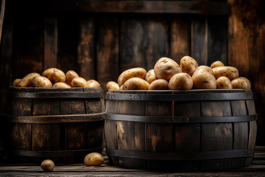 Potatoes in the buckets on grocery store counter front view background.