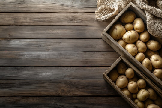Potatoes in crates on grocery store counter top view background.