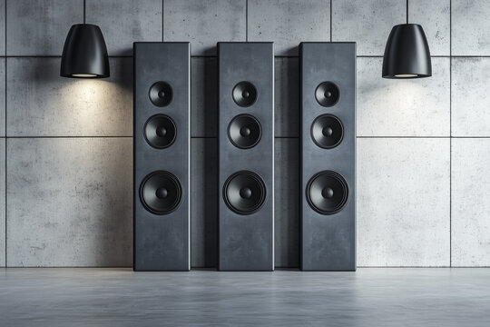 Modern powerful stereo speakers audio system on background of minimalist interior.