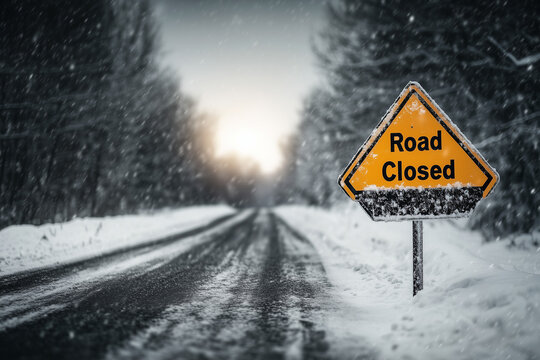 Old road sign with inscription road closed on snow covered road with snowdrifts background.
