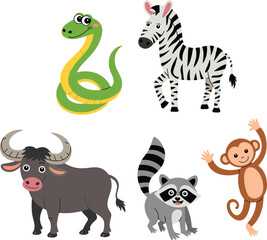 Obraz premium Cute wild animal collection for nursery decor, cartoon snake zebra buffalo raccoon and monkey set for kids room stickers and baby shower flat vector illustration