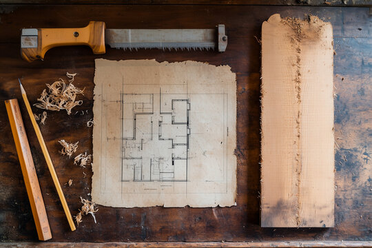 Wooden planks and blueprint on carpenter workbench background.