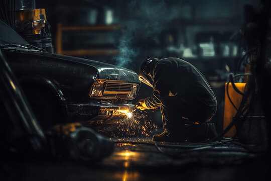 Tinsmith worker welding car body at auto repair shop background.
