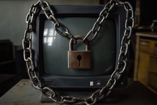 An old computer monitor wrapped in chains with a padlock in the center, representing secret information, private data and security.