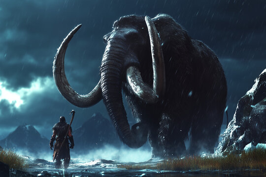 A male warrior hunter on the background of a giant mammoth..