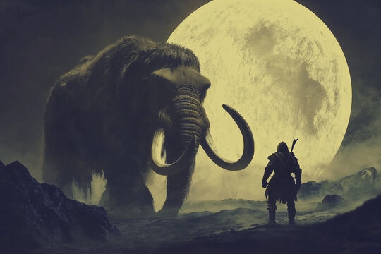 A male warrior hunter on the background of a giant mammoth..