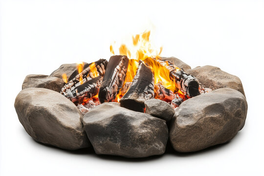 A burning campfire isolated on a white background.