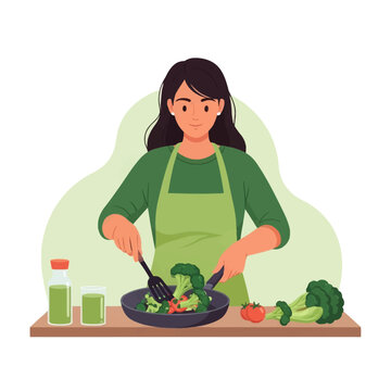 Vector illustration of a woman in a green apron cooking fresh broccoli stir-fry in a frying pan on a kitchen counter, with tomatoes and vegetable oil bottles on the side.