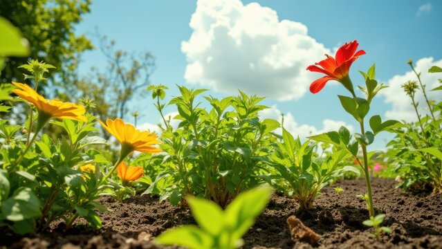 Close-up of a vibrant garden teeming with various herbs and vegetables, ready for harvest under the sun.