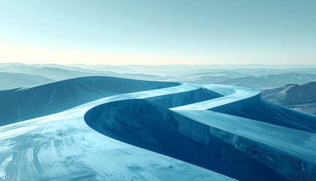 Winding River Through Snowy Landscape Mountains.
