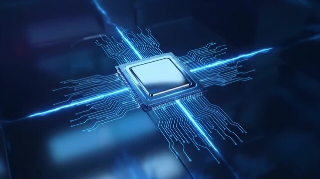 Close-up video of a powerful central processing unit microchip on a glowing blue circuit board symbolizing high-speed data processing and artificial intelligence.