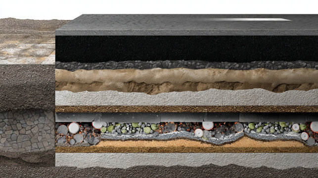 Asphalt road cross section in repair and reconstruction work. To show layer of surface and underground material i.e. asphalt concrete, bitumen, soil, sand, rock, stone, crust, ground and earth.